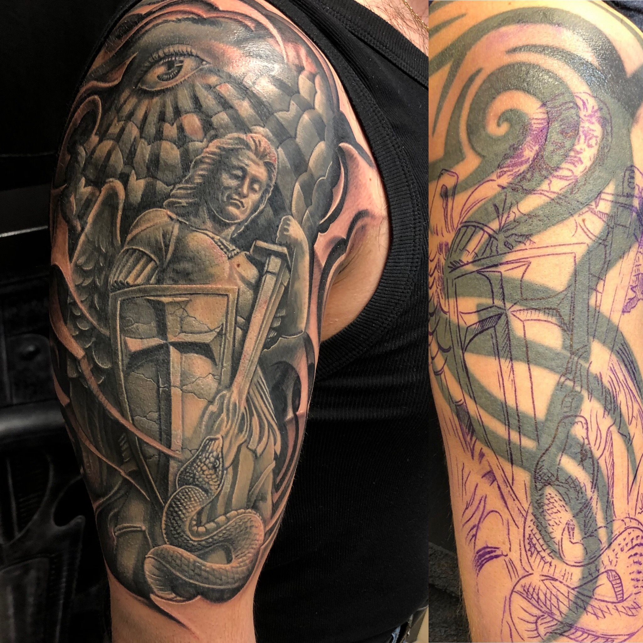 Detailliertes Black-and-Grey Cover-up Tattoo auf dem Oberarm: Erzengel Michael als Statue mit Schwert, Schild und Schlange im Vordergrund, darüber ein Auge im Wolken-Hintergrund, links das fertig schattierte Tattoo und rechts das Stencil über dem alten Tribal.
