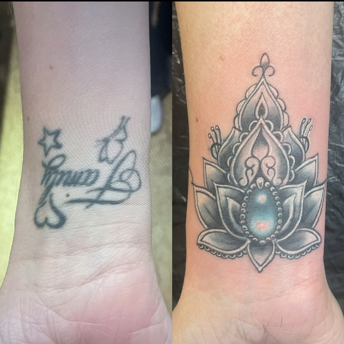 Vorher-Nachher-Vergleich eines Handgelenk-Tattoos: Links ein altes, verblasstes Tattoo mit dem Schriftzug 'Family', einem Herz und Sternen. Rechts das neue, detaillierte Lotus-Mandala-Tattoo im Black-and-Grey-Stil mit einem türkisfarbenen Edelstein-Detail in der Mitte, das das alte Motiv vollständig überdeckt.