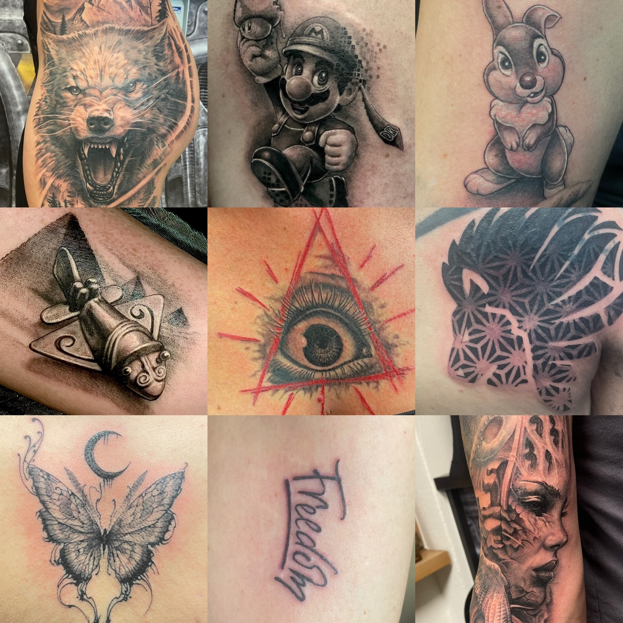 Vielfältige Tattoo-Stile von Floyd Varesi: Ein zähnefletschender Wolf im Black-and-Grey-Realismus, Mario-Comic-Charakter, geometrisches Löwen-Design, Auge der Vorsehung (All-Seeing Eye) in Rot/Schwarz und ein surreales Frauenporträt.