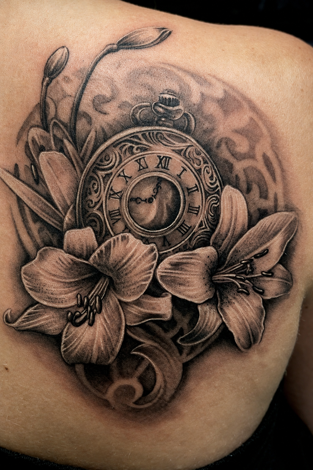 Plastisches Black-and-Grey Tattoo im Realistic-Stil: Eine antik verzierte Taschenuhr mit römischen Ziffern, umrahmt von voll erblühten Lilien, Knospen und sanft schattierten, strukturierten Hintergründen auf der Schulter.