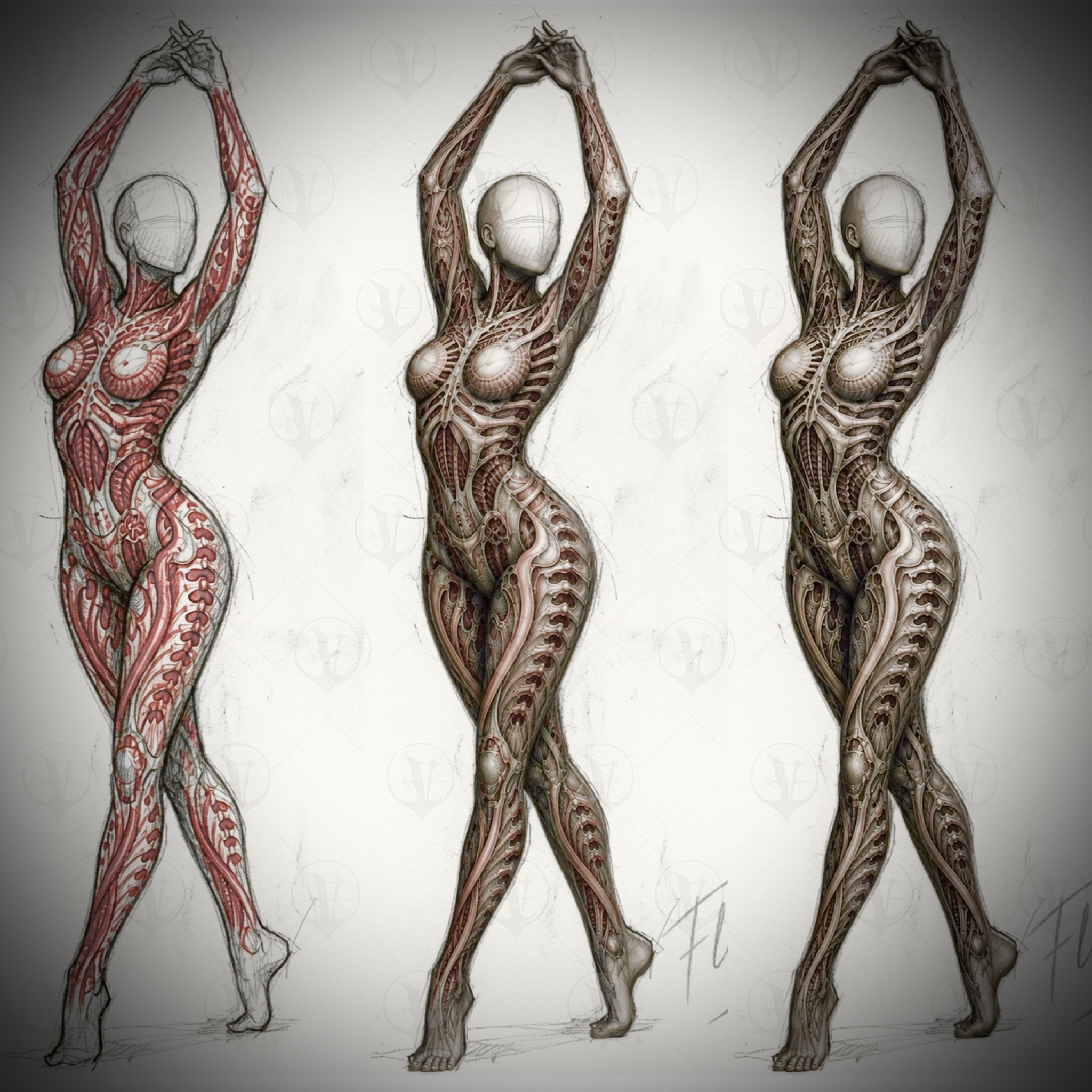 Drei Entwürfe einer weiblichen Figur in dynamischer Pose für ein Biomechanik Ganzkörper Tattoo von Floyd Varesi: Links die anatomische Fluss-Skizze mit roten Hilfslinien und Muskelverläufen, in der Mitte und rechts die fertig ausgearbeitete Black-and-Grey-Biomechanik-Struktur, die sich perfekt an die Körperform anpasst.