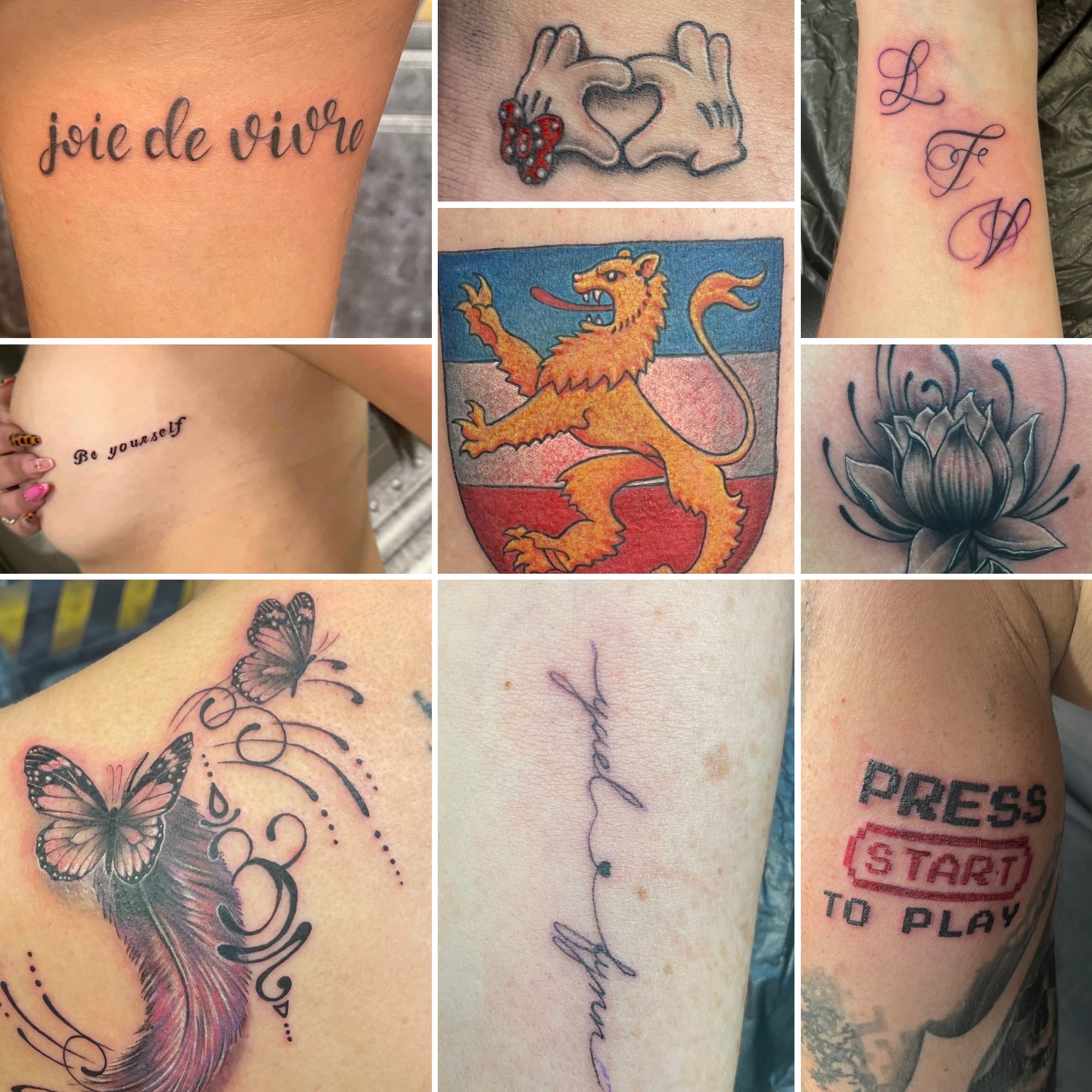 Sammlung von zarten Schriftzügen und Fine-Line-Tattoos von Floyd Varesi: Schriftzüge wie 'joie de vivre' und 'Be yourself', kleine Comic-Motive, Wappen-Tattoos und Schmetterlinge mit floralen Linien.