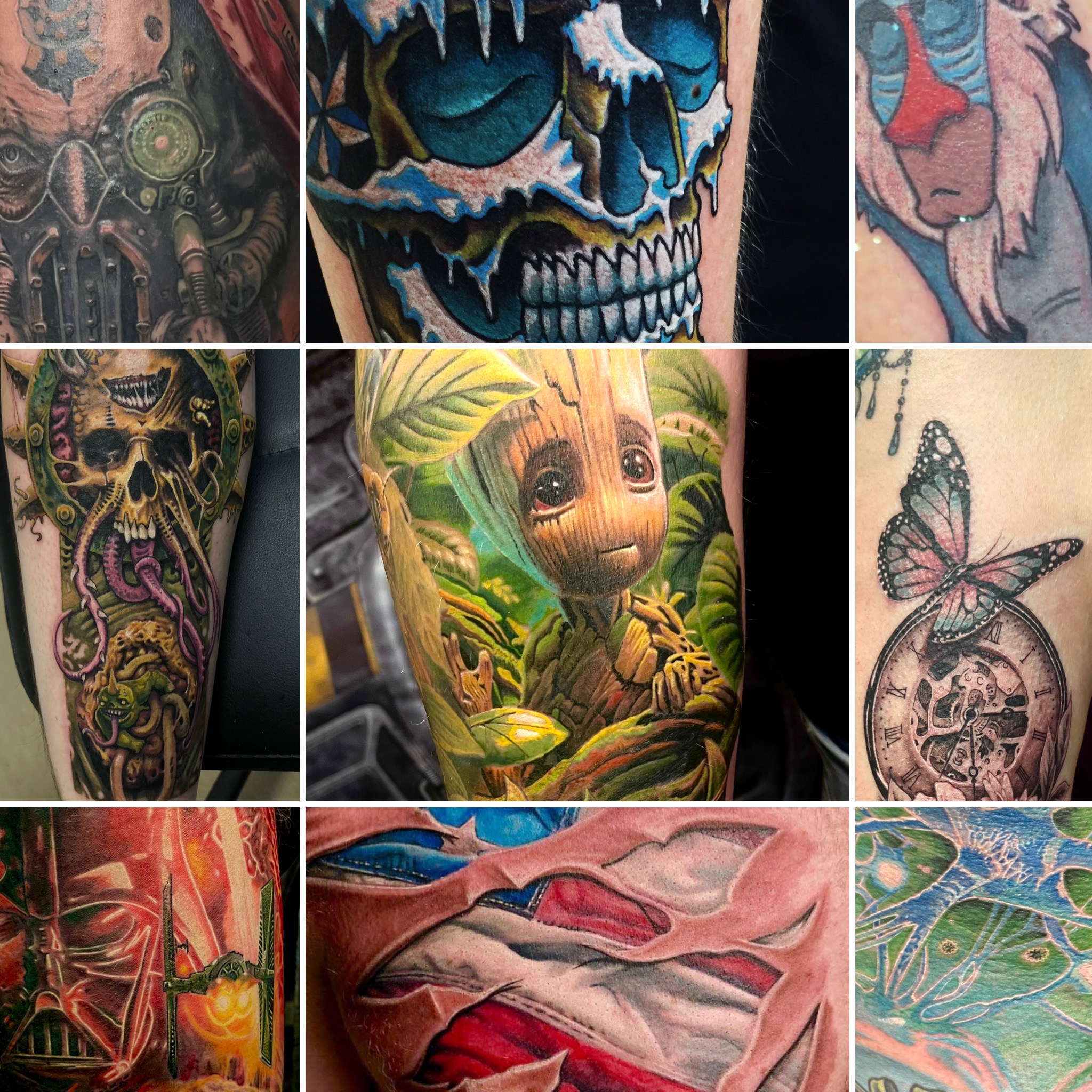 Farbintensive Tattoos und Pop-Culture-Motive von Floyd Varesi: Darstellungen von Baby Groot im Wald, Darth Vader und Sci-Fi-Elementen, bunt schattierte Schädel, Schmetterling mit Taschenuhr und Biomechanik-Ripped-Skin-Effekte.