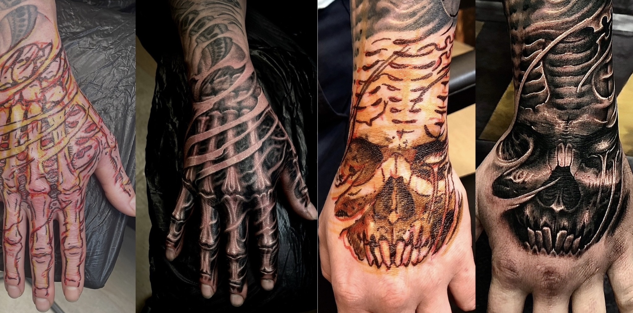 Vergleich zwischen Freehand-Aufzeichnung und fertigem Tattoo von Floyd Varesi auf dem Handrücken: Links eine Hand mit farbigen Filzstift-Markierungen anatomischer Knochen- und Biomechanik-Strukturen neben dem gestochenen Black-and-Grey-Resultat; rechts die Freehand-Skizze eines Totenkopfs auf dem Handrücken neben dem final schattierten Tattoo.