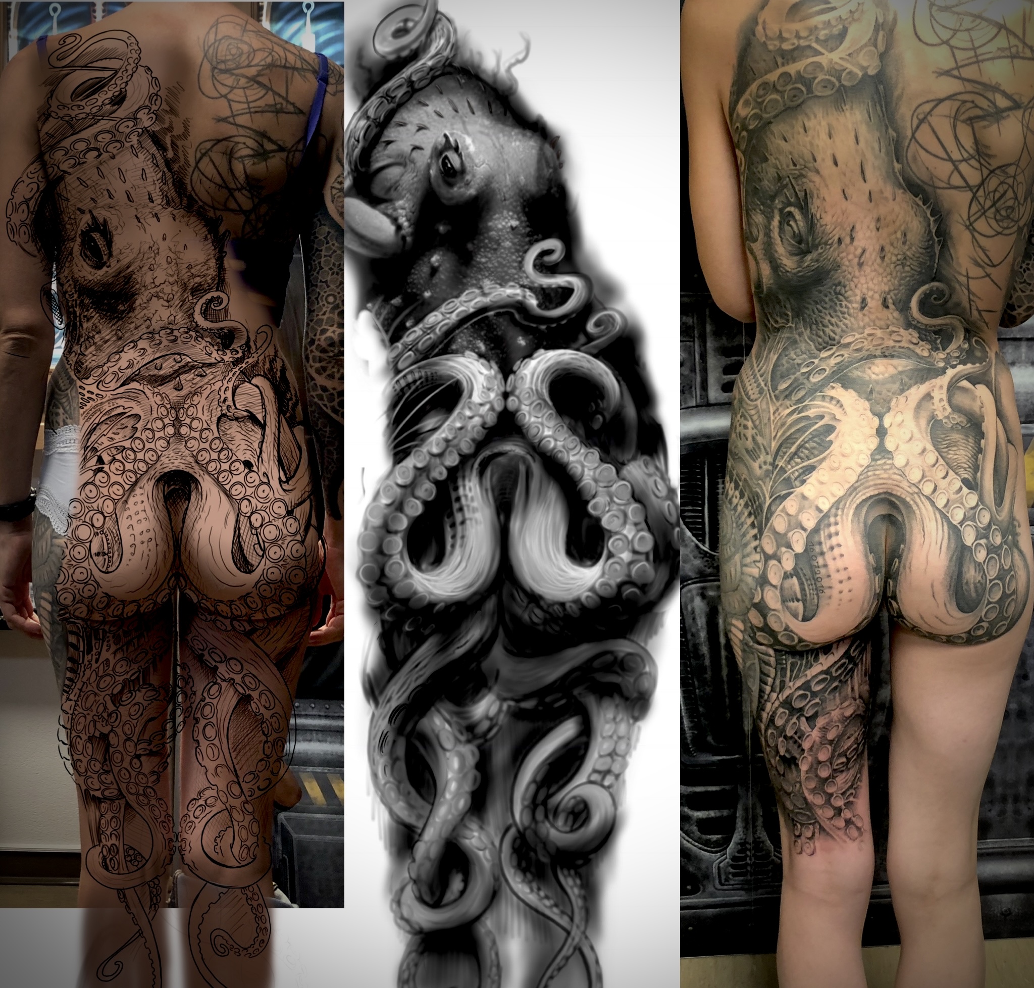 Prozessansicht eines großflächigen, noch unvollständigen Oktopus-Tattoos von Floyd Varesi: Links die digitale Konzept-Anpassung am Körper, in der Mitte der detaillierte Entwurf und rechts der aktuelle Zwischenstand des Black-and-Grey-Tattoos über Rücken, Po und Oberschenkel.