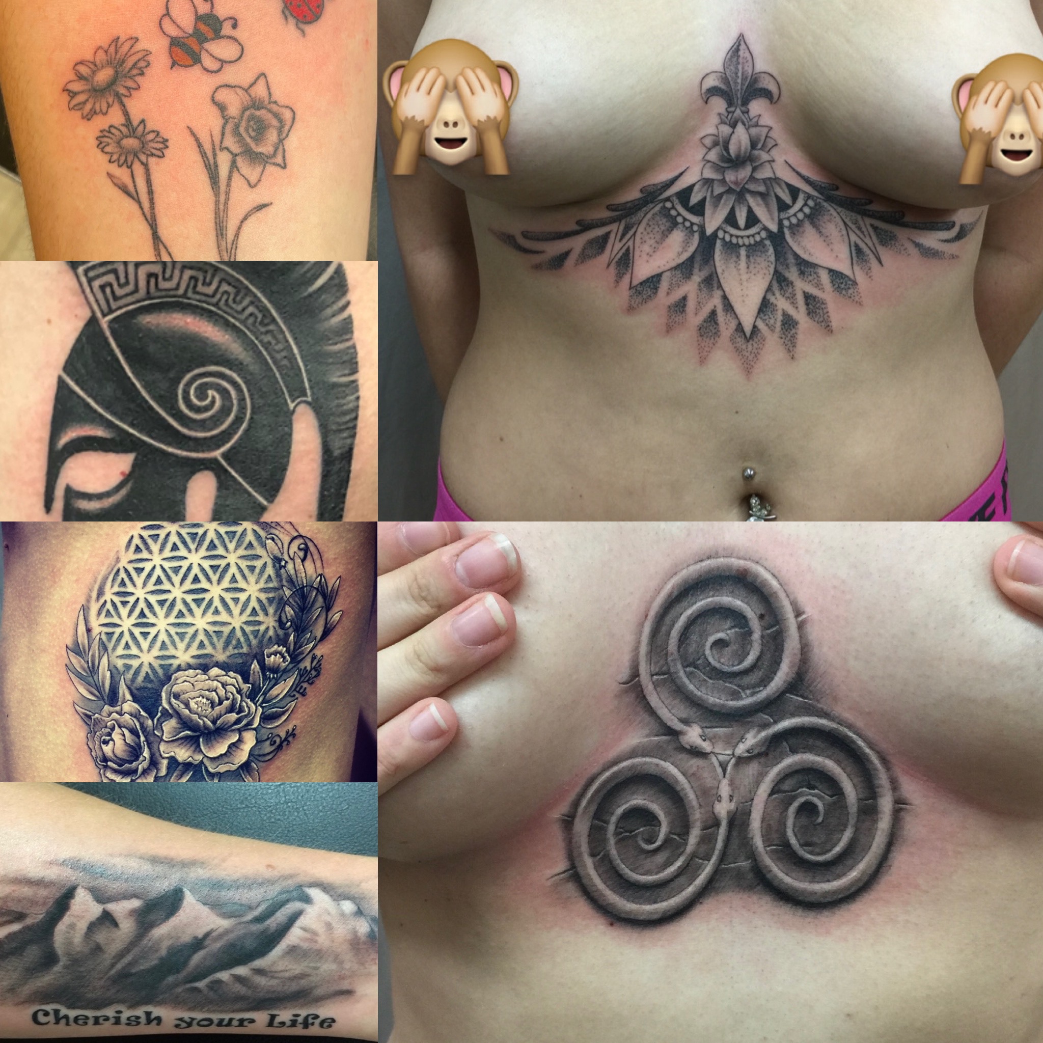 Tattoo-Portfolio von Floyd Varesi mit ornamentalen und geometrischen Arbeiten: Ein filigranes Underbust-Tattoo mit Lotus-Ornamenten, ein dreidimensional schattierter Triskel/Keltensymbol auf der Brust, Blume des Lebens und feine Blumenmotive.