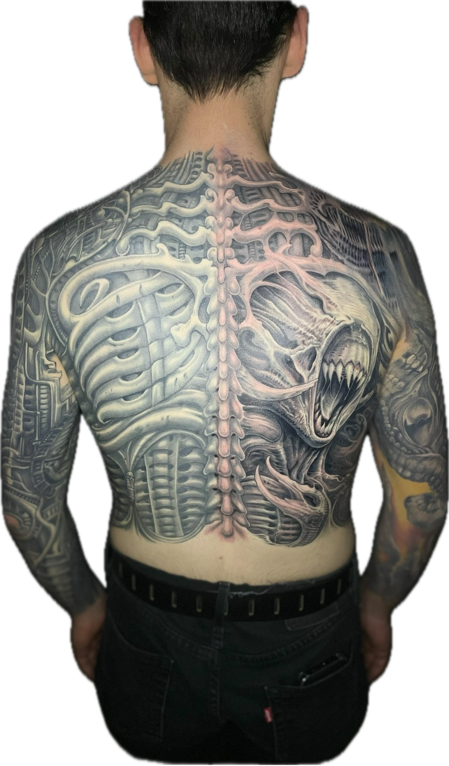 Monumentales, fortlaufendes Black-and-Grey Biomechanik Tattoo von Varry und Floyd Varesi auf dem Rücken und den Armen: Eine biomechanische Wirbelsäule, plastische Rippenelemente und eine scharfzahnige Alien-Kreatur, die fließend in die Ärmel übergehen.