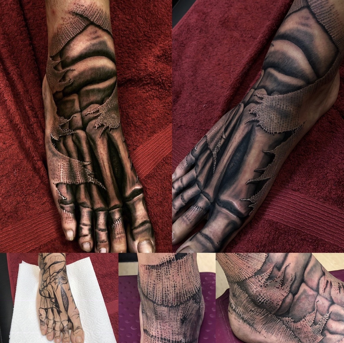 Detailreiches Black-and-Grey Mumienfuß-Tattoo von Floyd Varesi: Plastischer 3D-Look mit aufgerissenen, gewebten Mumienbandagen und feinst schattierten, konservierten Knochenstrukturen auf dem Fußrücken; unten links die Freehand-Marker-Skizze direkt auf der Haut.