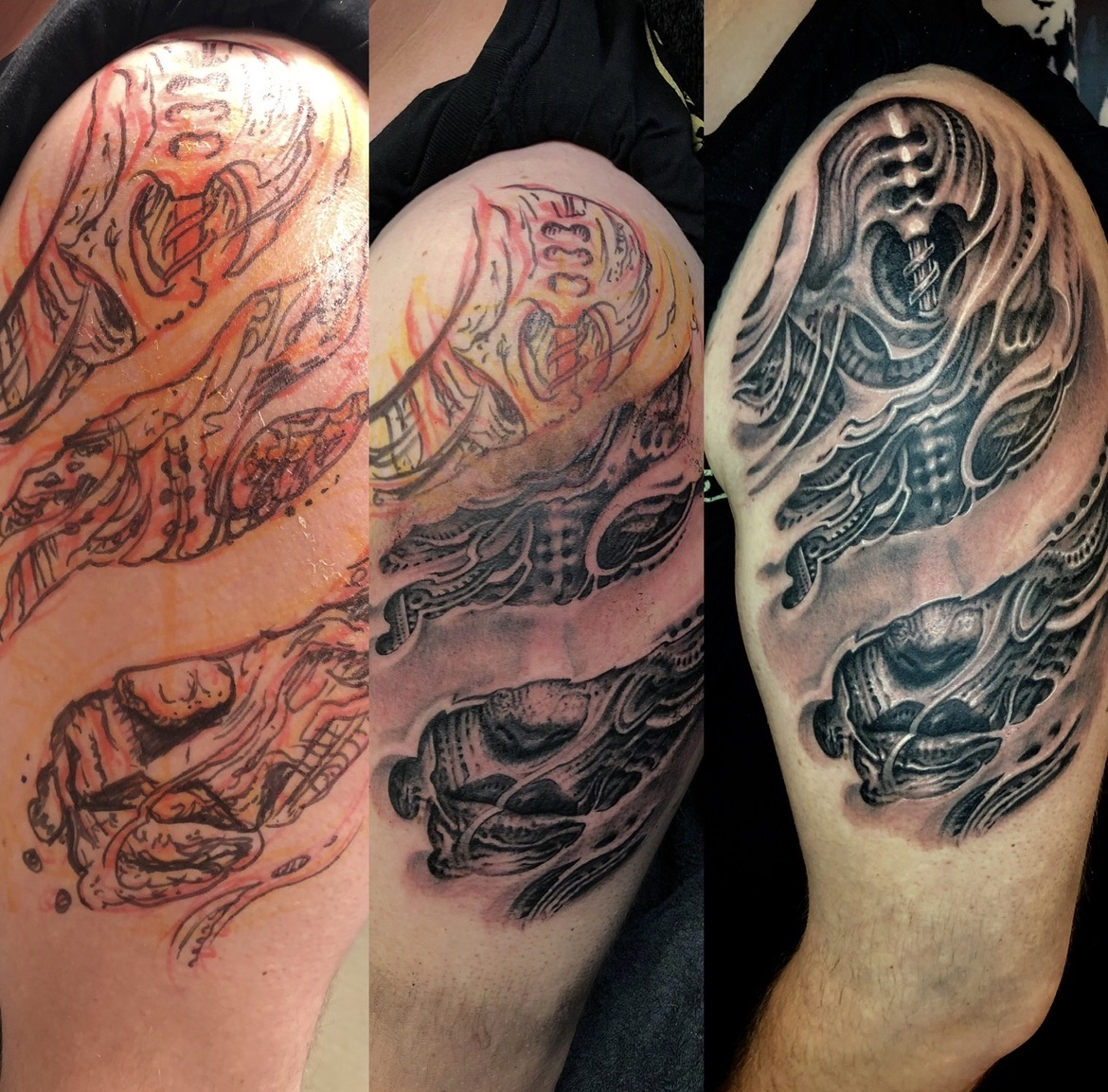 Dreistufige Entstehung eines Biomechanik-Tattoos auf der Schulter und dem Oberarm von Floyd Varesi: Links die farbige Freehand-Marker-Zeichnung direkt auf der Haut, in der Mitte der erste Tätowier-Schritt mit Outlines und Schattierungen, rechts das fertige plastische Black-and-Grey-Biomechanik-Design.
